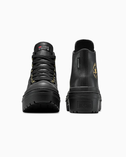 Chuck Taylor All Star Lugged Heel Platform Waterproof Leather Black/Black/Gold, Heel View