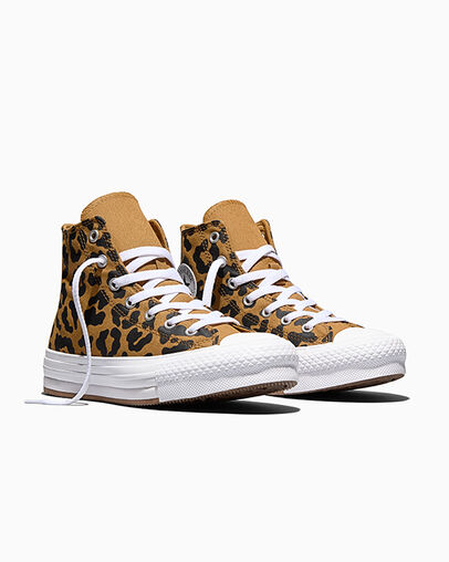 Chuck Taylor All Star EVA Lift Leopards Platform Honey Stick/Black/White, Top and Side View