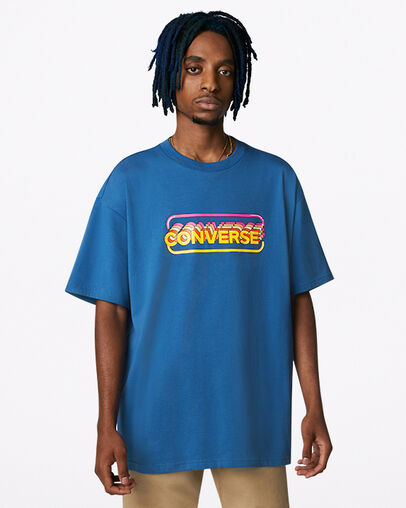 Arcade Retro Graphic Crew Neck T-Shirt Dark Marina Blue, Front View