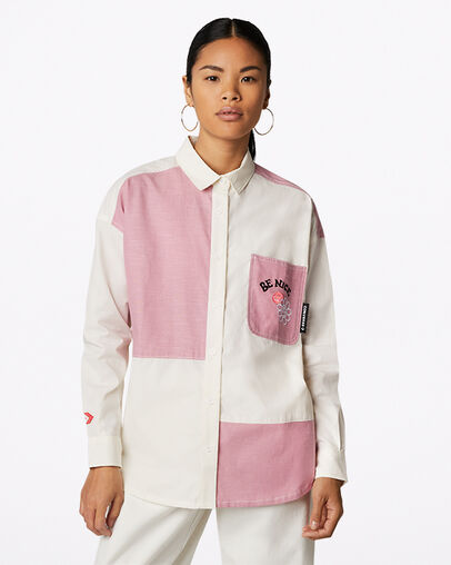 Color-Blocked Oversized Button Down Shirt Egret Multi, Front View