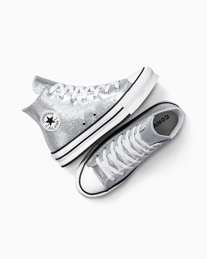 Chuck Taylor All Star Lift Platform Disco Glitter Silver/White/Barely Grey, Angled View