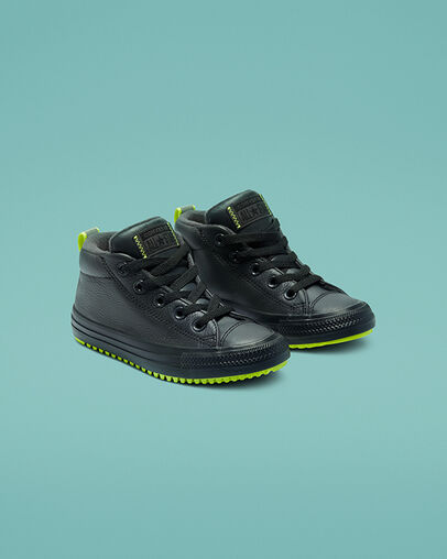 Leather & Reflective Chuck Taylor All Star Street Boot Almost Black/Lemon Venom/Black, Angled View
