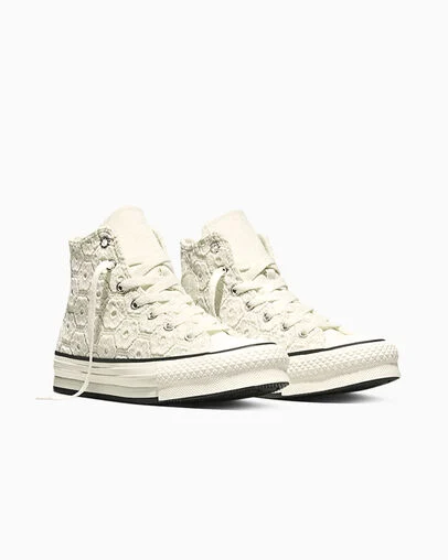 Chuck Taylor All Star EVA Lift Platform Floral Crochet Egret/Black/Egret, Top and Side View
