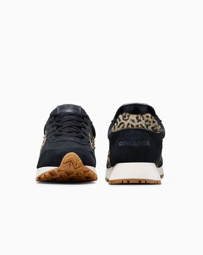 Omega Trainer Leopard Pony Hair Black/Egret/Sand, Heel View