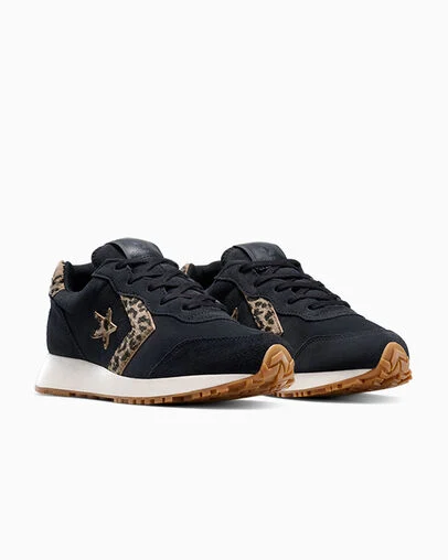 Omega Trainer Leopard Pony Hair Black/Egret/Sand, Top and Side View