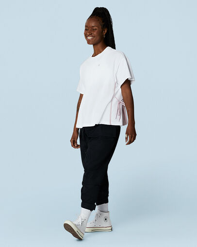 Cinch Tie Cut-and-Sew-T-Shirt. White, Full Body View