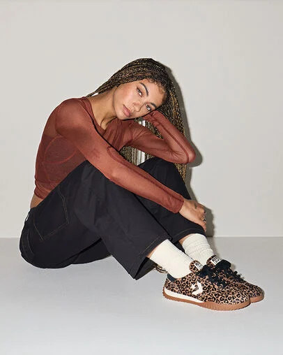 Run Star Trainer Leopard Print Pony Hair Sand Dune/Black/Egret, On Foot Shot 1