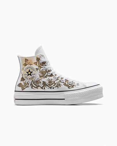 Chuck Taylor All Star Lift Platform Gold Roses & Leather Blanc et roses dor&eacute;es, Outer Side View
