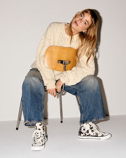 Chuck Taylor All Star Cow Print Pony Hair Egret/Mudguard/Black, On Foot Shot 1