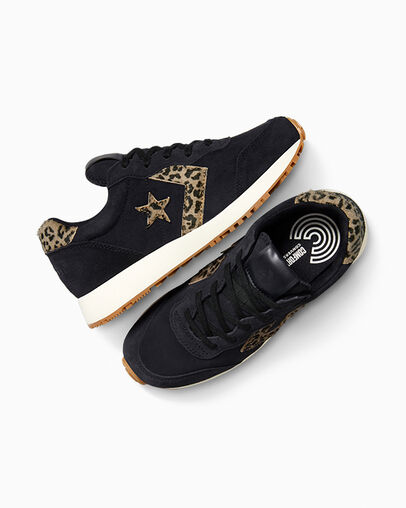 Omega Trainer Leopard Pony Hair Black/Egret/Sand, Angled View