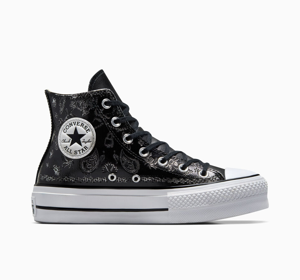Chuck Taylor All Star Lift Platform Silver Paisley & Leather Roses noires