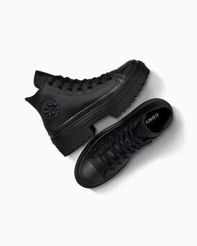 Chuck Taylor All Star Lugged Heel Leather Platform Black/Black/Black, Angled View