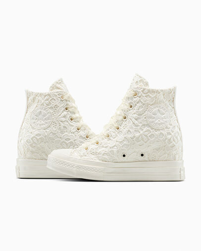 Chuck 70 Wedge Platform Crocheted Satin Egret/Egret/Black, Detail Angle View