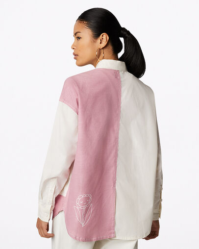 Color-Blocked Oversized Button Down Shirt Egret Multi, Back View