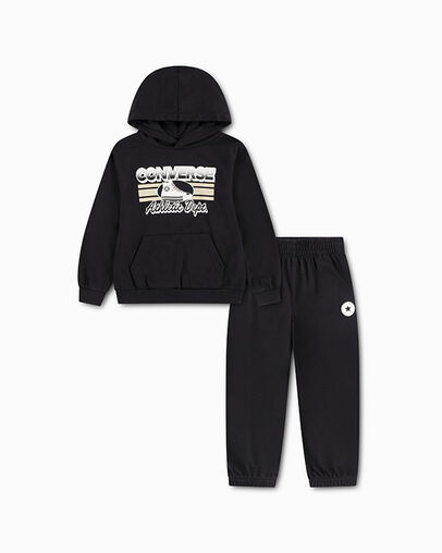 Chest Stripe Graphic Hoodie 2-Piece Set Black/Egret, Front View