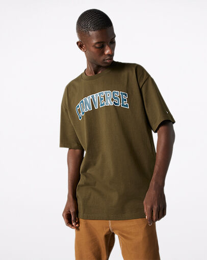 Tee-shirt universitaire surdimensionn&eacute; Vert olive surplus, Front View