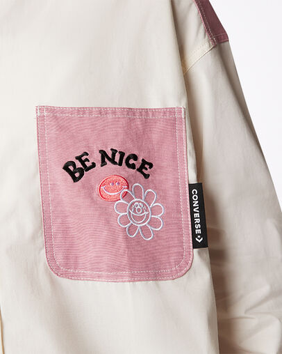 Color-Blocked Oversized Button Down Shirt Egret Multi, Detail View