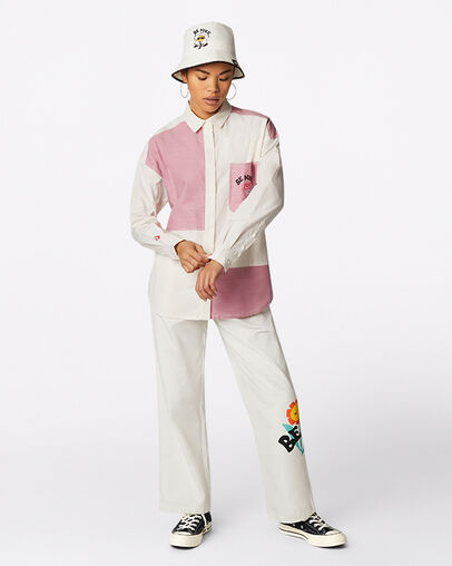 Color-Blocked Oversized Button Down Shirt Egret Multi, Full Body View