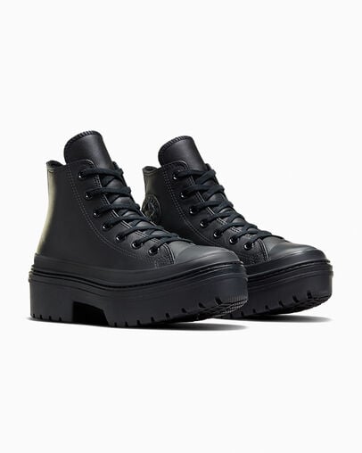 Chuck Taylor All Star Lugged Heel Leather Platform Black/Black/Black, Top and Side View