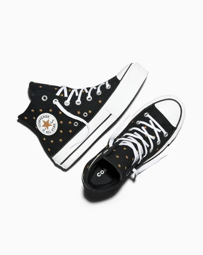 Chuck Taylor All Star Lift Platform Embroidered Stars Black/Honey Stick Brown/White, Angled View