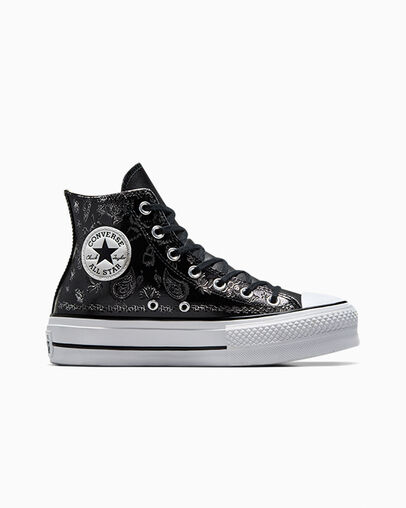 Chuck Taylor All Star Lift Platform Silver Paisley & Leather Roses noires, Outer Side View