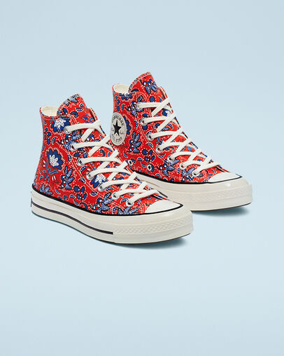 Chuck 70 Paisley Print Habanero Red/Egret/Rush Blue, Angled View