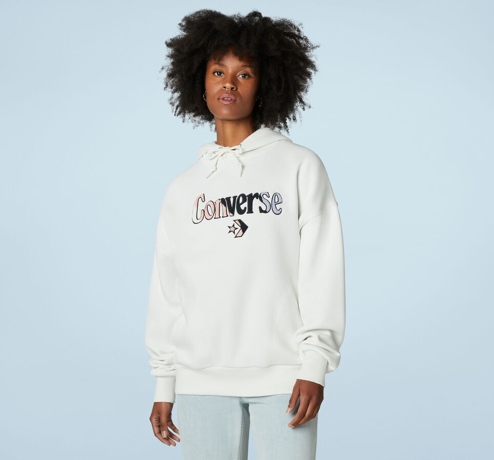 Oversized Logo Fleece Pullover Hoodie Vintage White