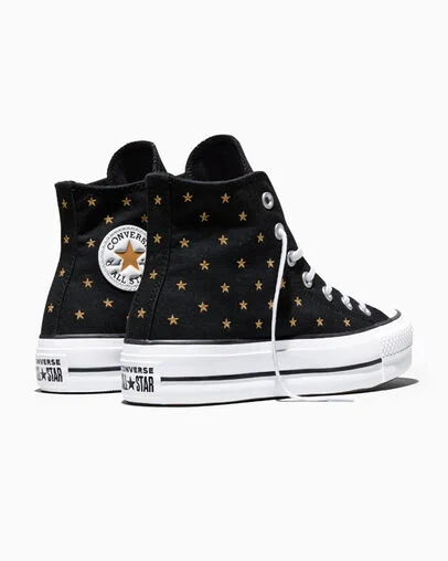 Chuck Taylor All Star Lift Platform Embroidered Stars Black/Honey Stick Brown/White, Heel View