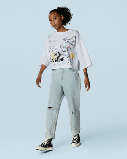 Notebook Doodle Oversized Cropped T-Shirt White, Full Body View