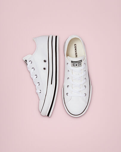 Big Kids Leather EVA Platform Chuck Taylor All Star Low Top White/Black/Egret, Top and Side View