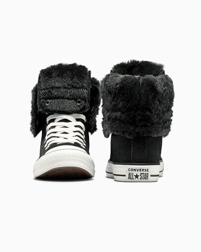 Chuck Taylor All Star Fold Over XHi Faux Fur Black/Black/Egret, Heel View