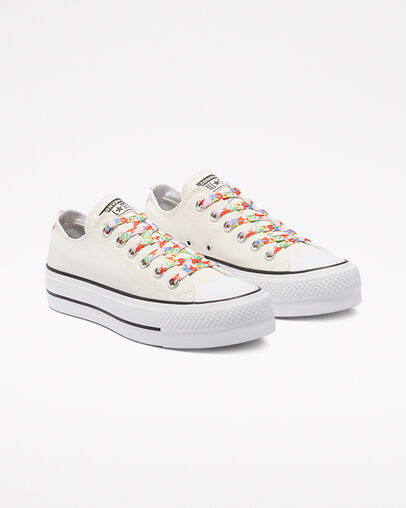 Floral Print Platform Chuck Taylor All Star Aigrette/Blanc/Coquelicot &eacute;clatant, Angled View