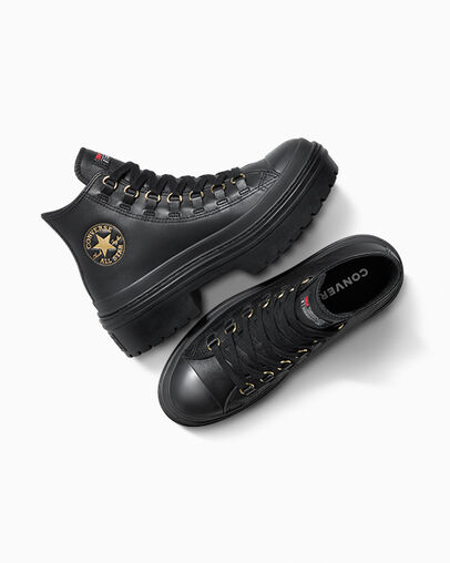 Chuck Taylor All Star Lugged Heel Platform Waterproof Leather Black/Black/Gold, Angled View