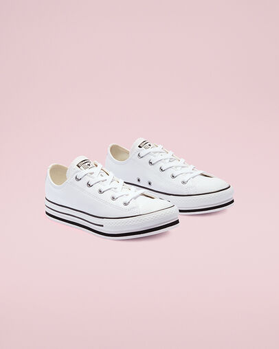 Big Kids Leather EVA Platform Chuck Taylor All Star Low Top White/Black/Egret, Angled View