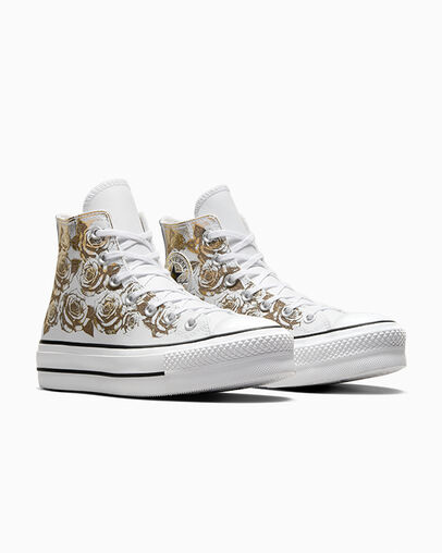 Chuck Taylor All Star Lift Platform Gold Roses & Leather Blanc et roses dor&eacute;es, Top and Side View