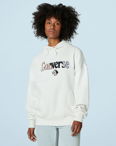 Oversized Logo Fleece Pullover Hoodie Vintage White, Front View