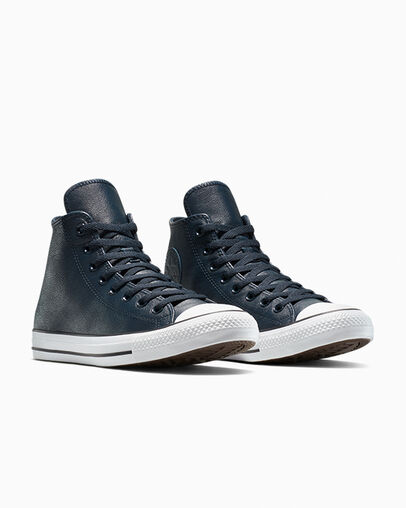 Chuck Taylor All Star Leather Obsidian/Obsidian/Slacker Blue, Top and Side View