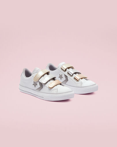 Star Player Easy-On Metallic Leather White/Gravel/Metallic, Angled View