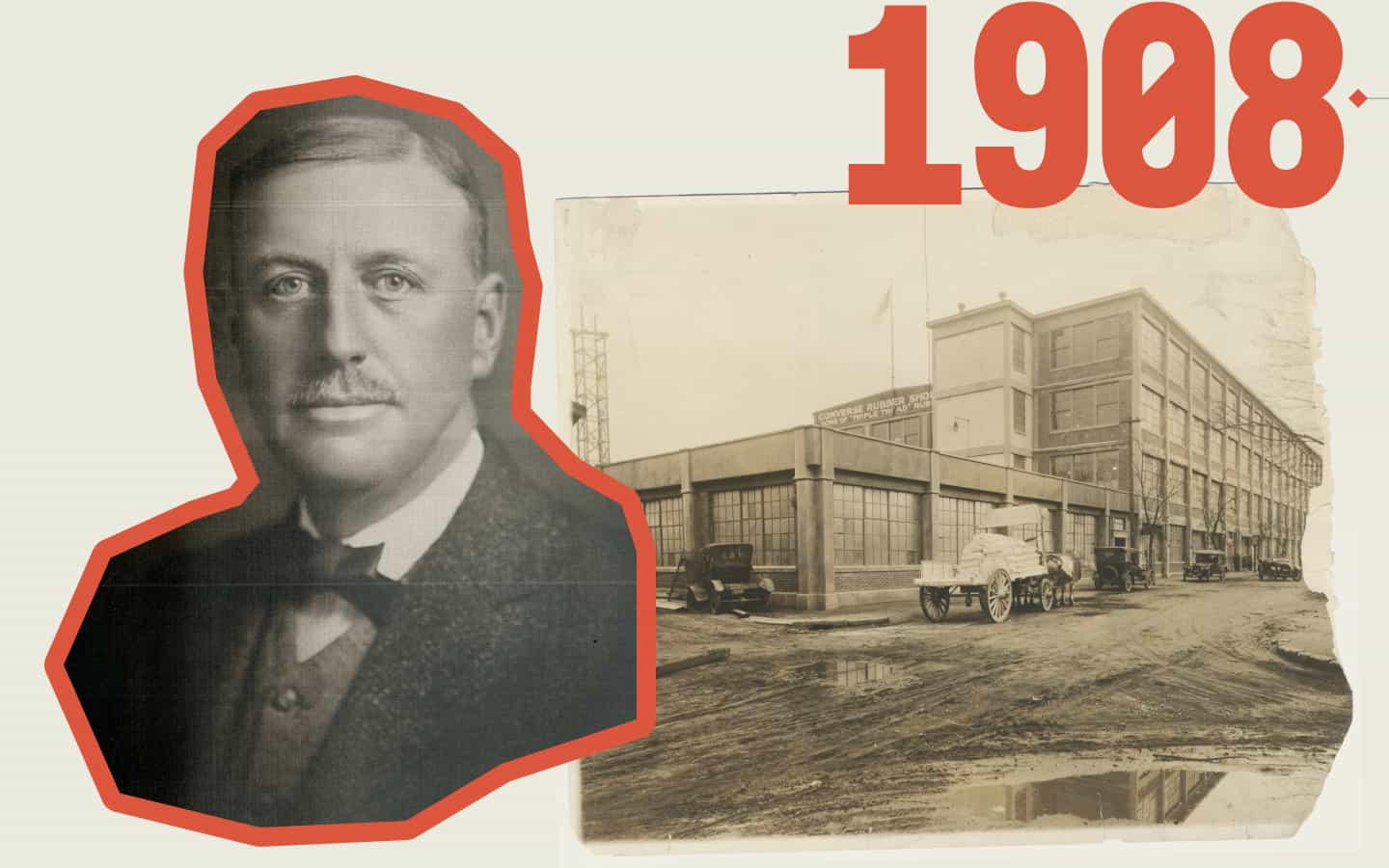 Photo of Marquis Mills in front of Converse Rubber Company Building in 1908