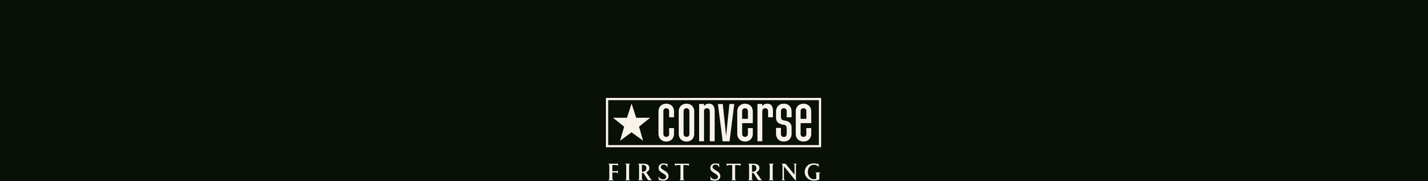 The image shows the Converse logo with a white star and the word &ldquo;converse&rdquo; inside a rectangular box. Below it, the text &ldquo;FIRST STRING&rdquo; is written in uppercase letters on a black background.