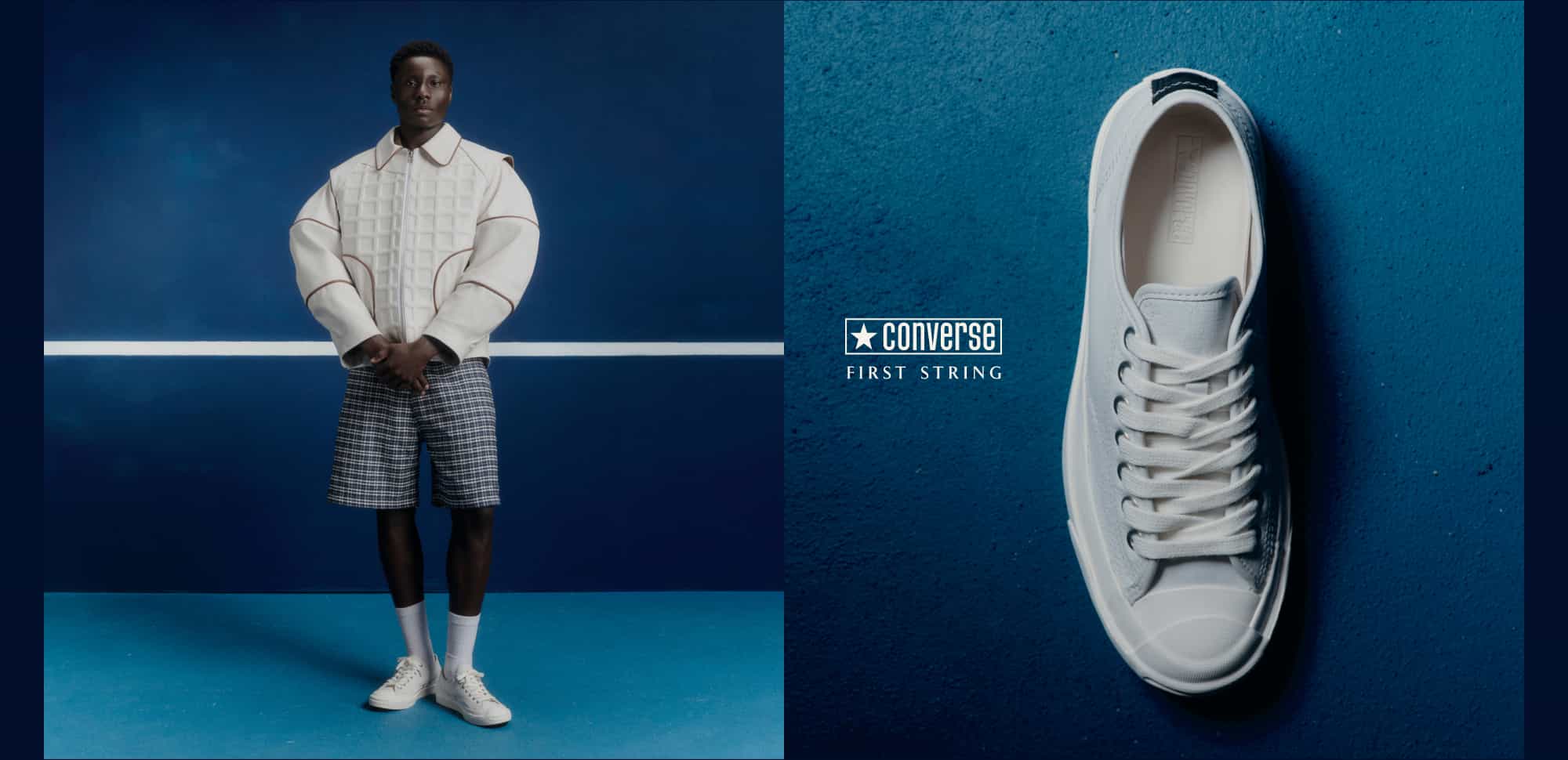 Close up of white low top white Jack Purcell shoe