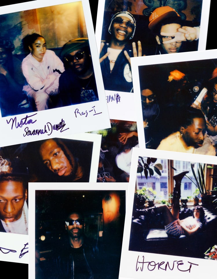The image is a collage of several Polaroid-style photos featuring groups of people in casual and relaxed settings, with some photos signed or labeled with names that appear to be &ldquo;Nasta,&rdquo; &ldquo;Savannah Dunesh,&rdquo; &ldquo;Raj-I,&rdquo; and &ldquo;HORNET.&rdquo; The photos capture candid moments indoors, including one person lying on a couch with legs up near a window surrounded by plants.