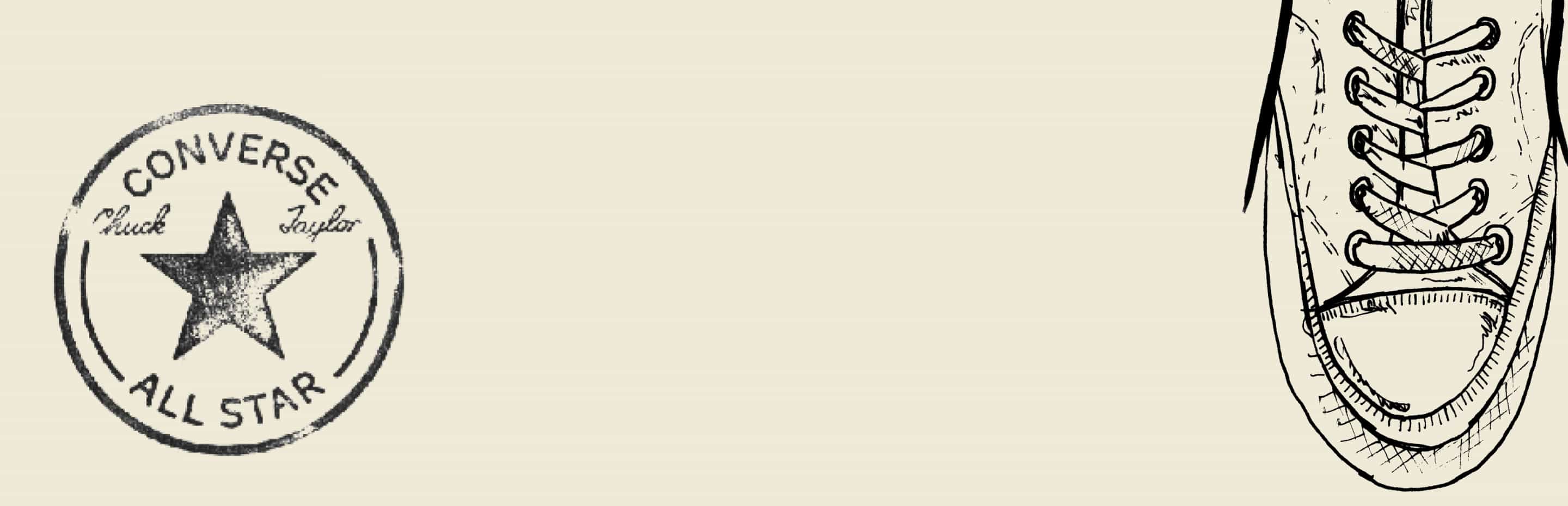 The image shows the Converse All Star logo on the left and a detailed sketch of a sneaker’s top view on the right. In the center, maroon text reads “Superiority In Craft,” highlighting quality craftsmanship.