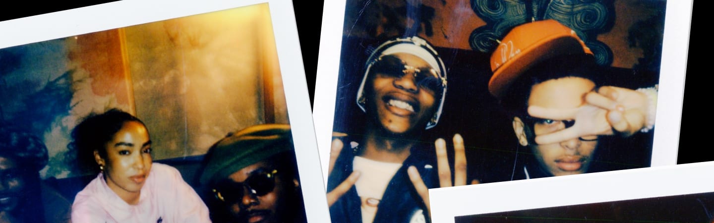 The image shows a collage of three Polaroid-style photos featuring groups of people in casual settings. The individuals are posing closely together, with some making hand gestures and wearing hats, against dimly lit backgrounds.
