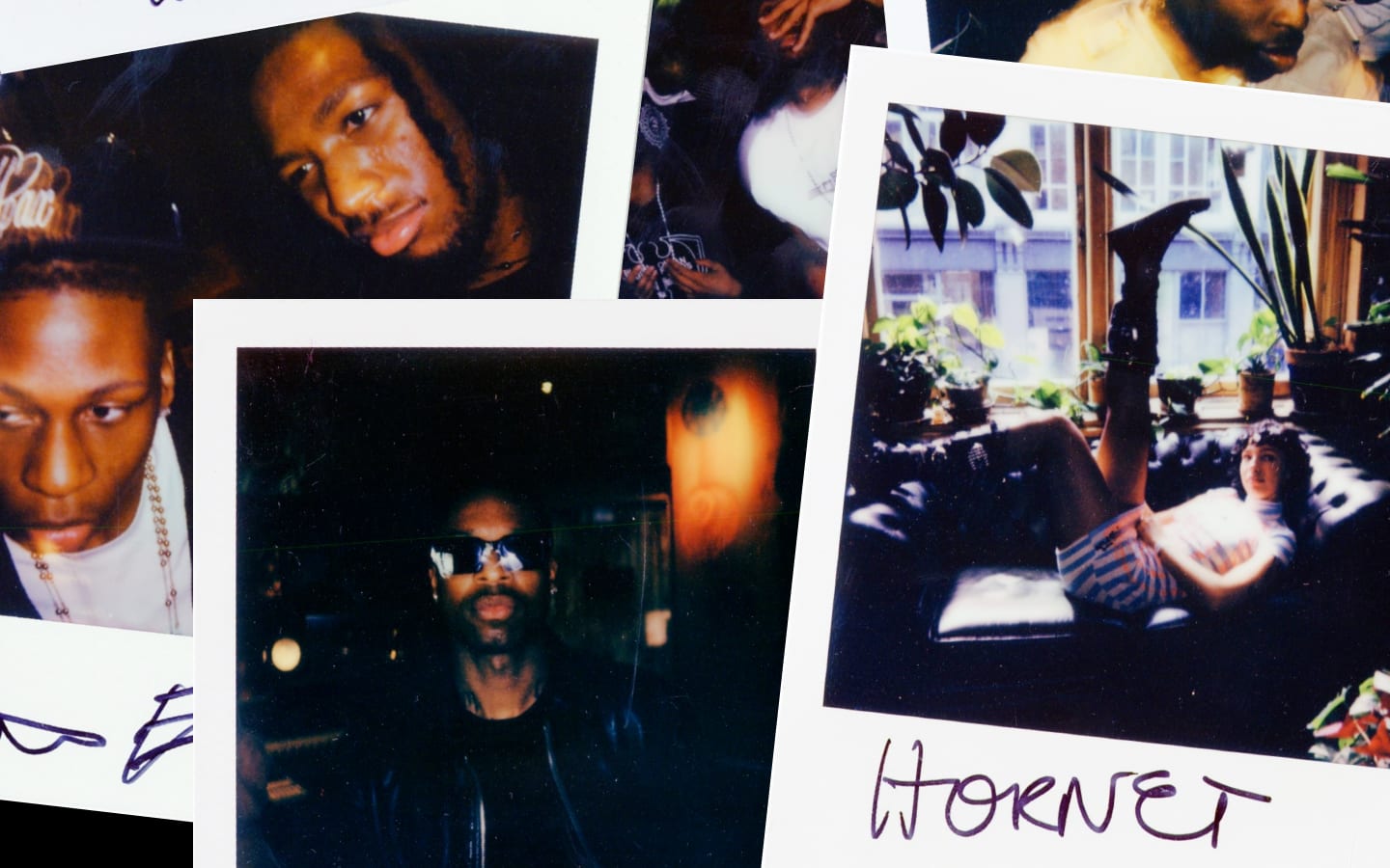 The image shows a collage of several Polaroid photos featuring people in various casual and relaxed settings, with their faces blurred. One prominent photo on the right depicts a person lying on a couch with one leg raised, surrounded by plants near a window, and is labeled &ldquo;HORNET&rdquo; at the bottom.