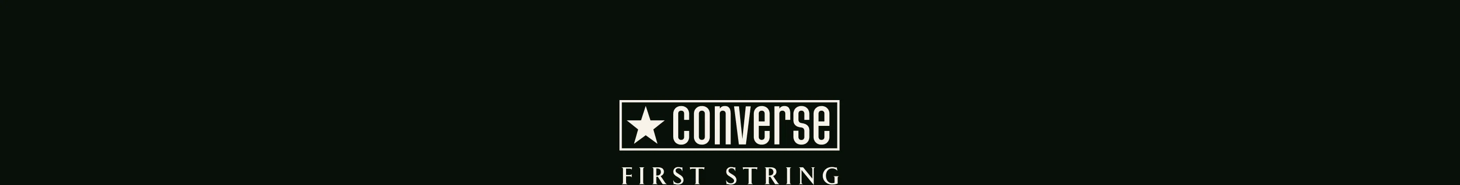 The image shows the Converse logo with a white star and the word &ldquo;converse&rdquo; inside a rectangular box. Below it, the text &ldquo;FIRST STRING&rdquo; is written in uppercase letters on a black background.
