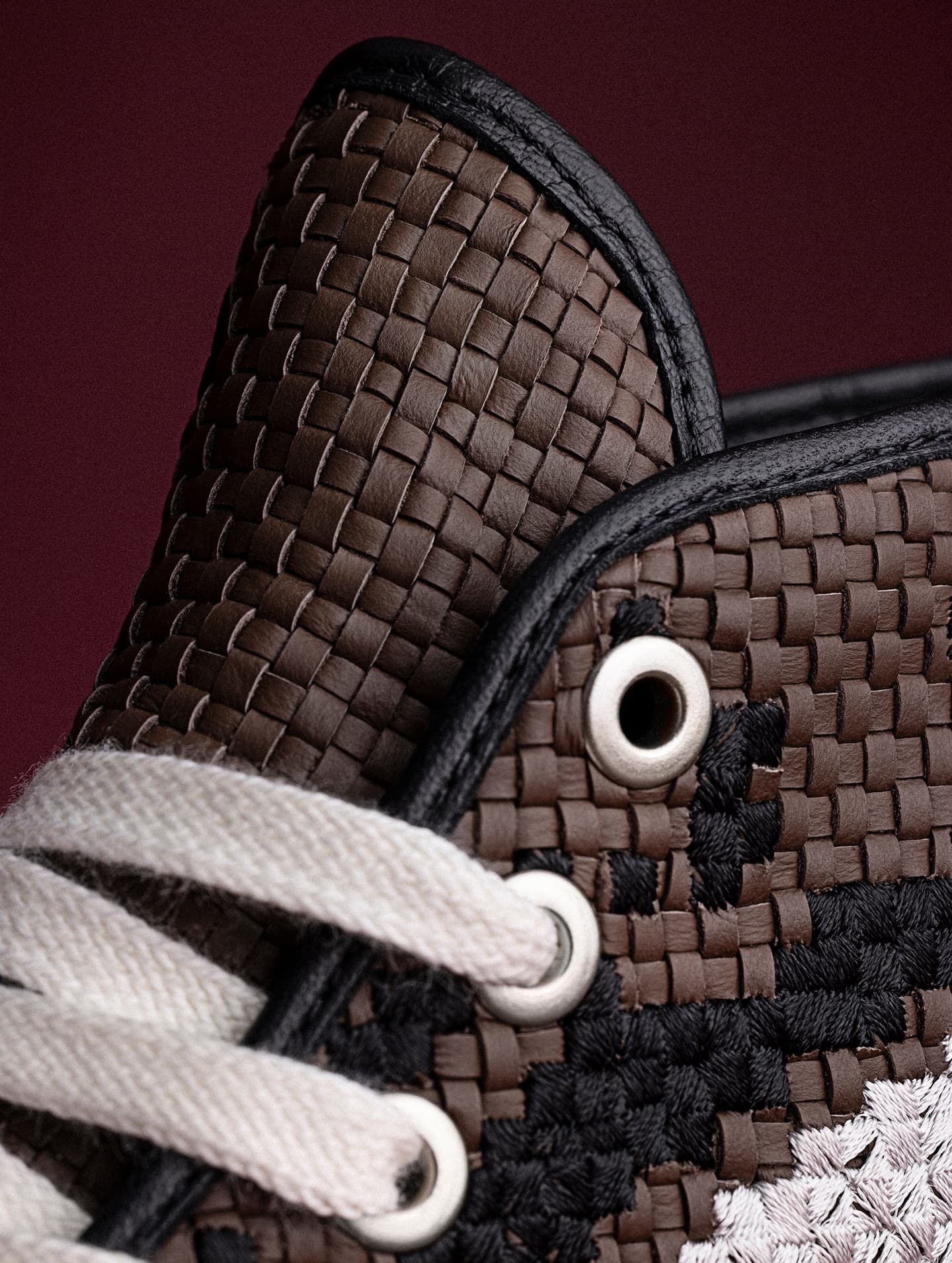The image shows close-up views of white Converse sneakers, highlighting different styles and details like stitching, laces, and logos. The left side features a high-top with brown accents, while the right side focuses on low-top shoes with textured rubber soles.