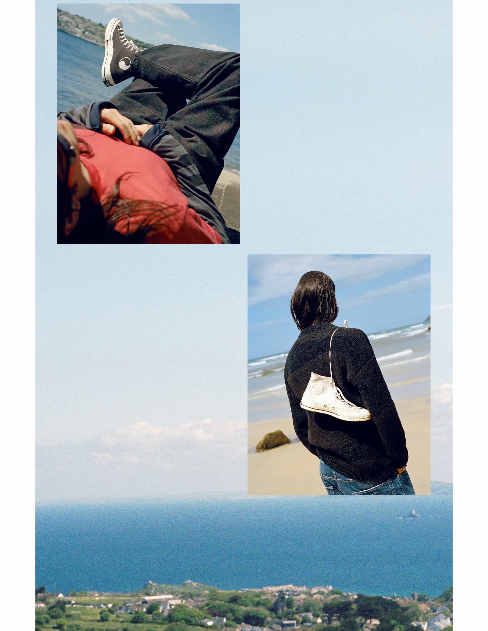 The image shows two photos of people near the water, each featuring a white high-top sneaker. One person is lying down by the sea wearing black pants and a red shirt, while the other stands on a beach with the sneaker slung over their shoulder