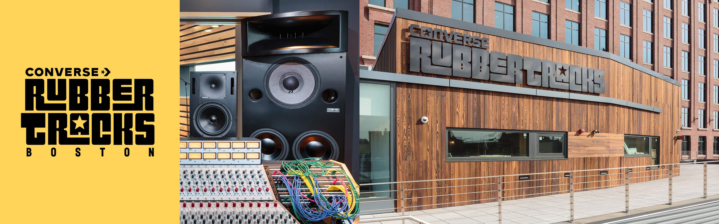 The image shows a promotional graphic for Converse Rubber Tracks Boston, featuring a large sound mixing console with speakers on the left and the exterior of a wooden building with the &ldquo;Converse Rubber Tracks&rdquo; sign on the right. The overall theme highlights music production and the physical location of the studio.