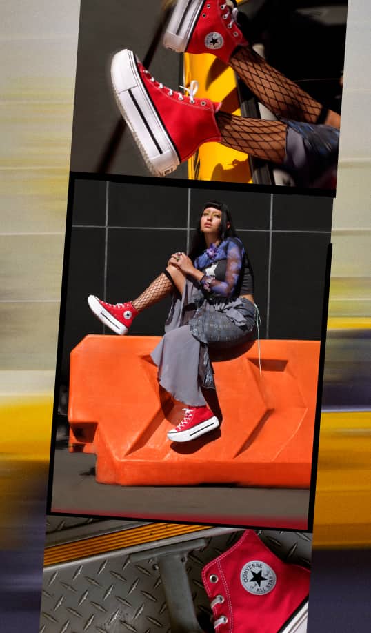 The overall theme emphasizes the bold footwear and edgy fashion style in urban surroundings.